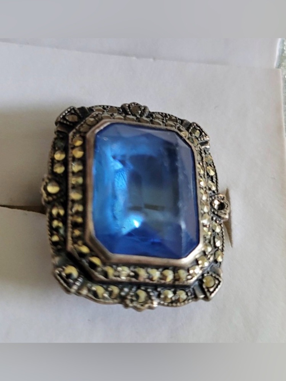 Vintage Blue Stone Marcasite Ring Size 5.5
